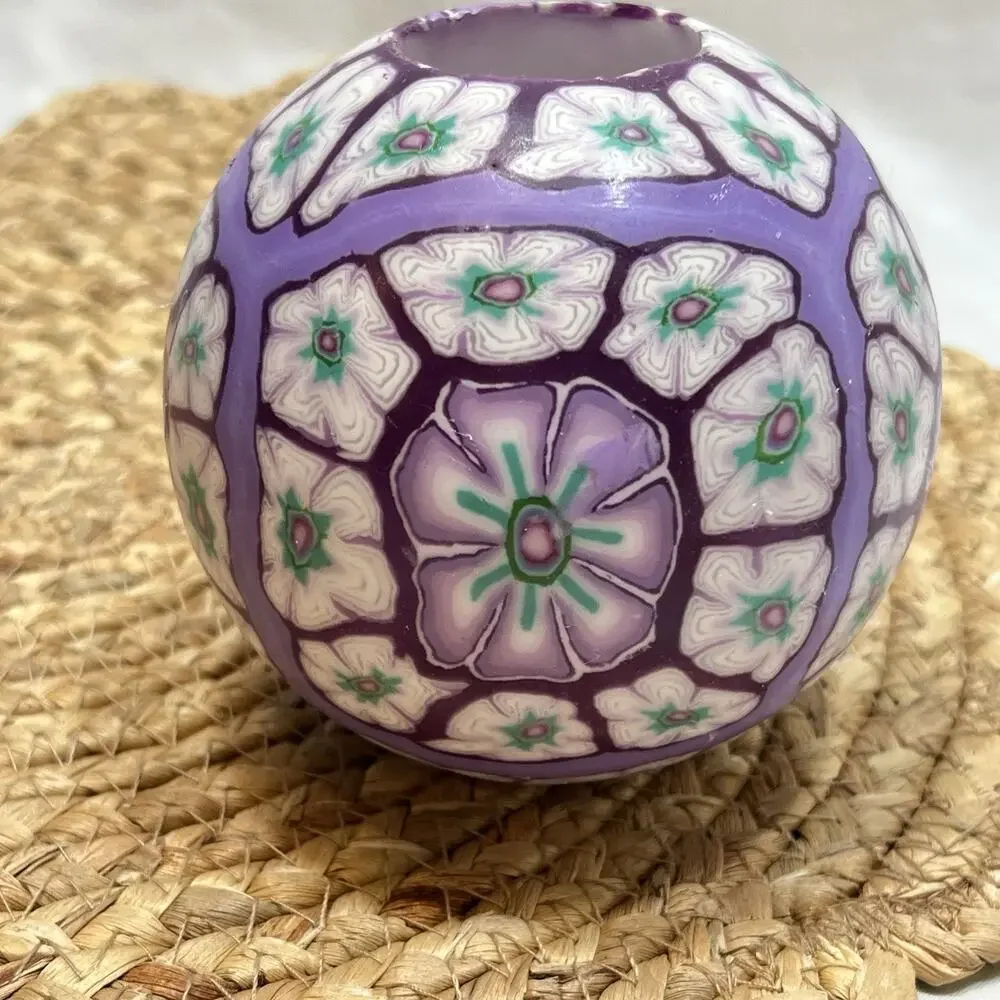 Vintage 90s 4” Lavender Purple Teal White Millefiori Candle Glow Psychedelic